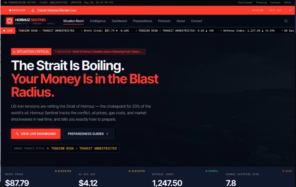 Hormuz Sentinel website tracking Strait of Hormuz shipping and energy risk